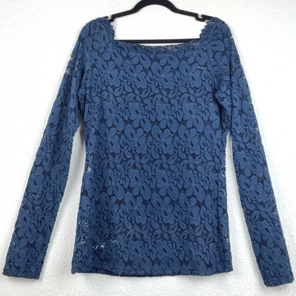 PattyBoutik Navy Blue Lace Top - XL - Long Sleeve Square Neck Boho Romantic